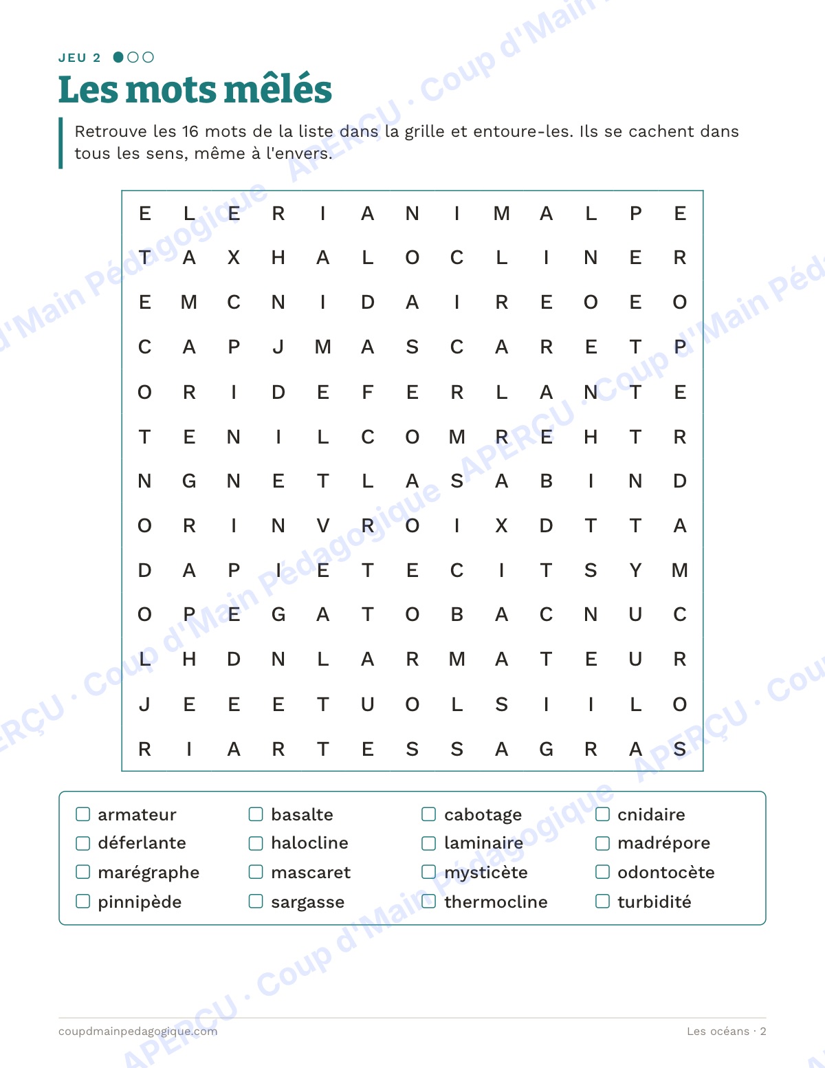 Page 2 — Les océans — 10e-12e année, jeux de vocabulaire