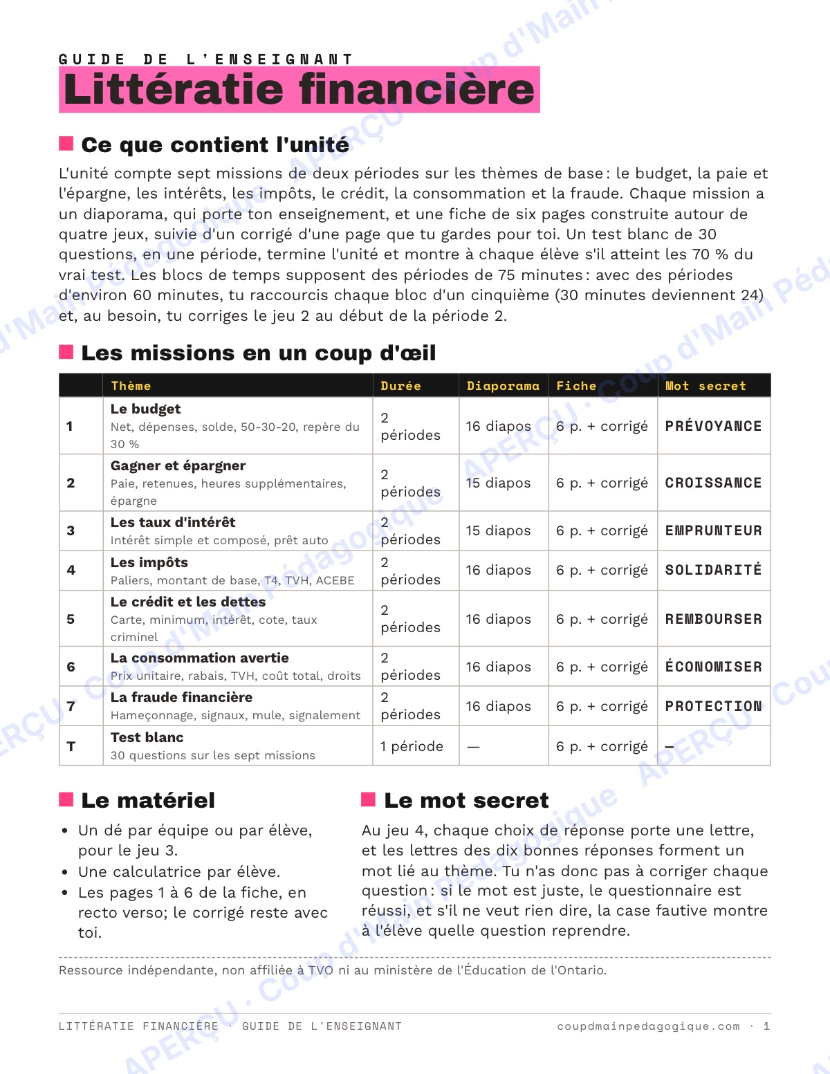 Page 1 — Littératie financière — 9e-10e année, unité