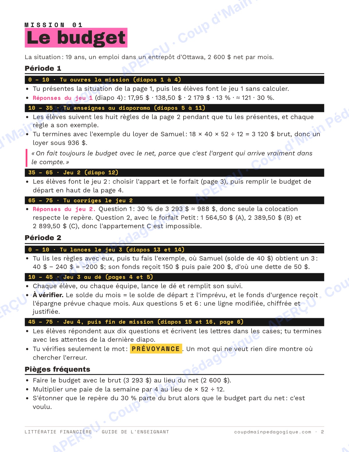 Page 2 — Littératie financière — 9e-10e année, unité