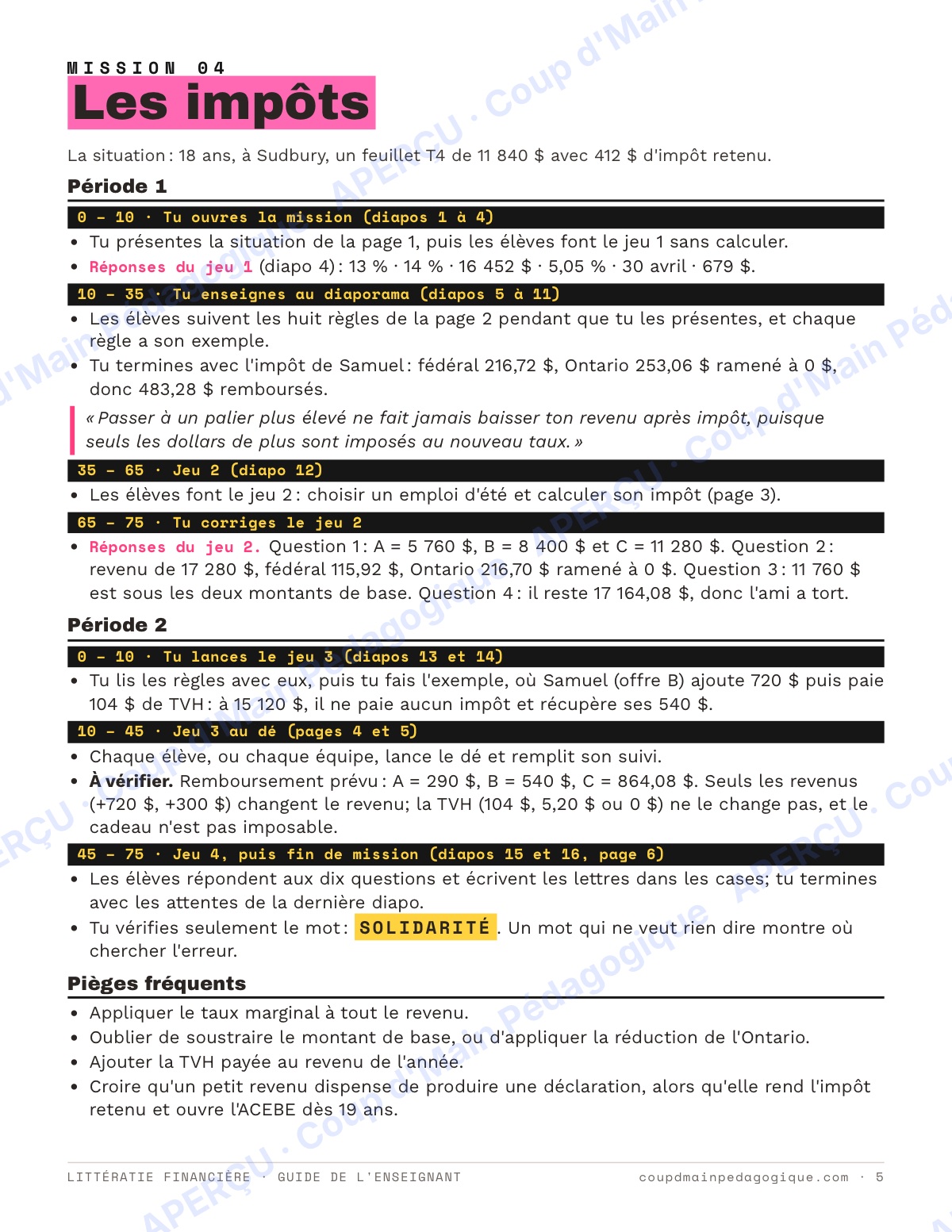 Page 5 — Littératie financière — 9e-10e année, unité
