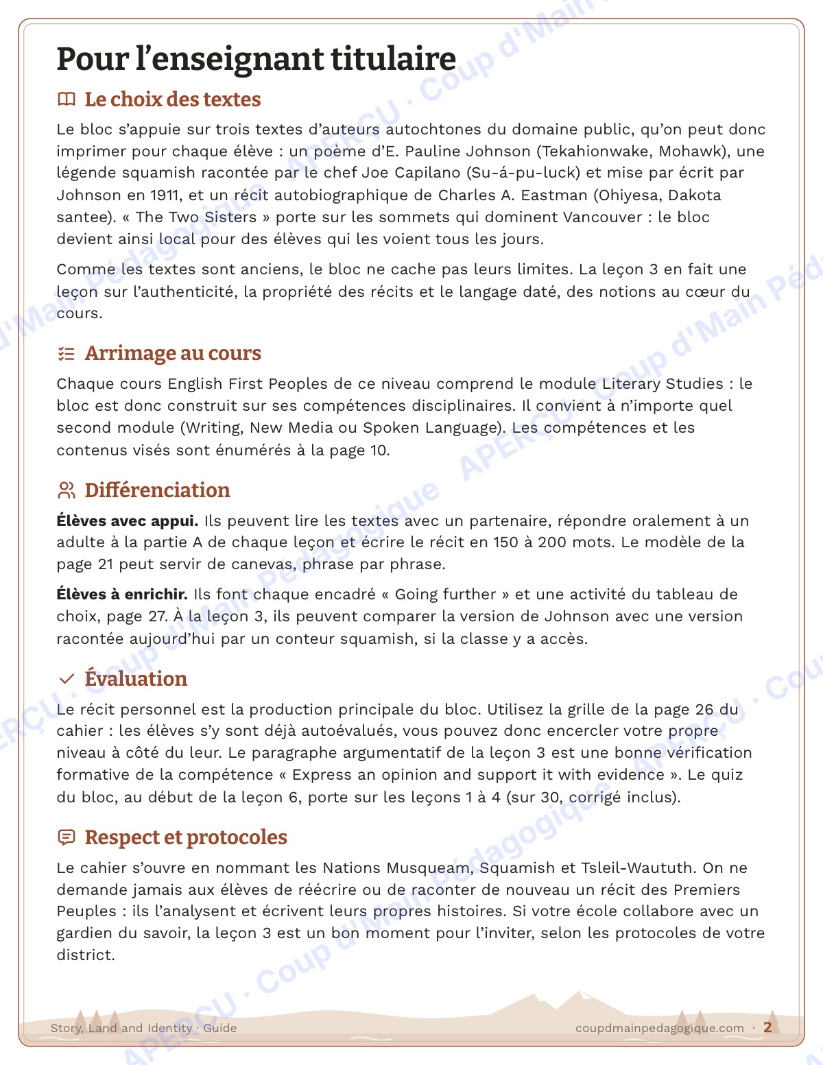 Page 2 — Story, Land and Identity — 10e année, unité
