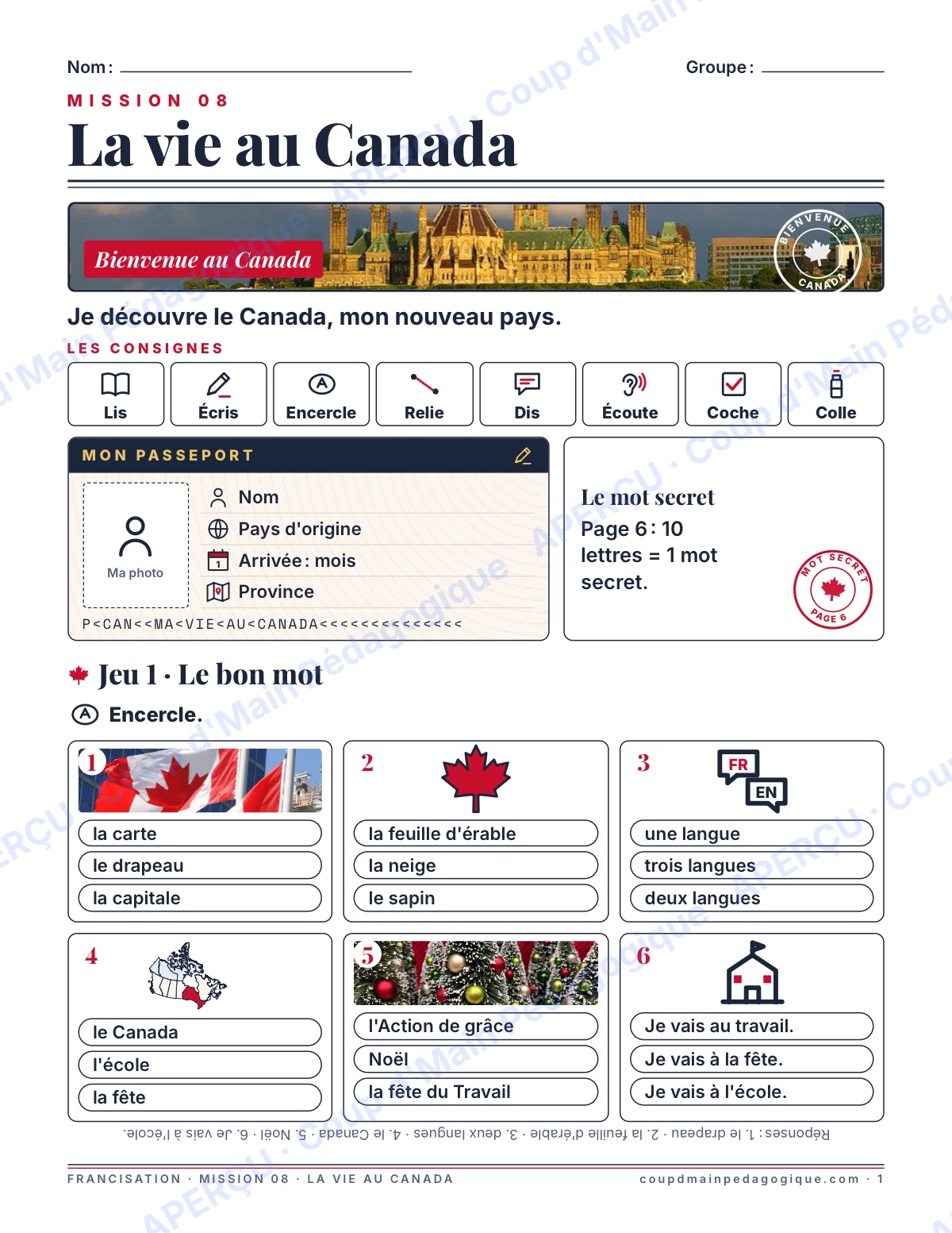 Page 1 — Mission 8 : la vie au Canada — 7e-9e, francisation