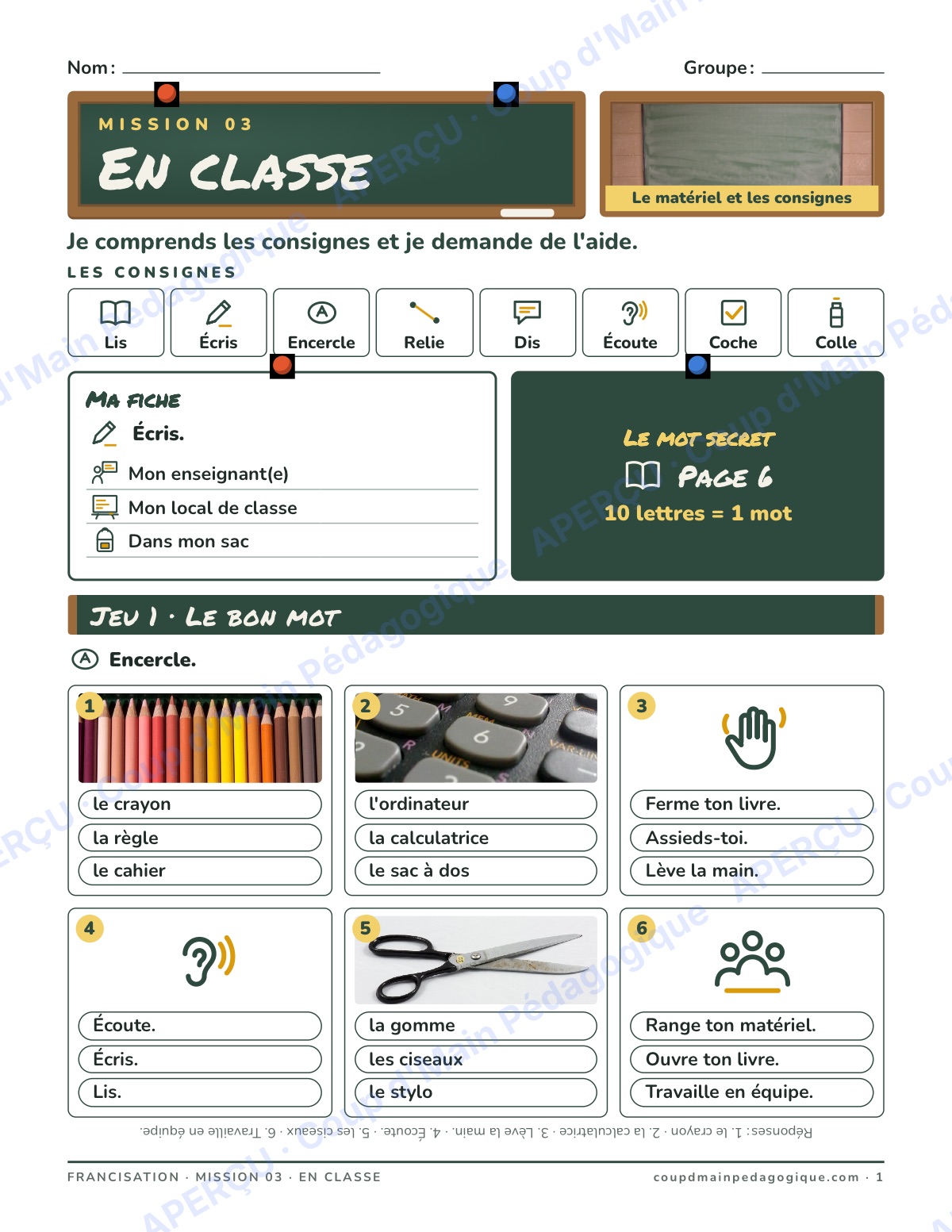Page 1 — En classe et les achats — 7e-9e année, francisation