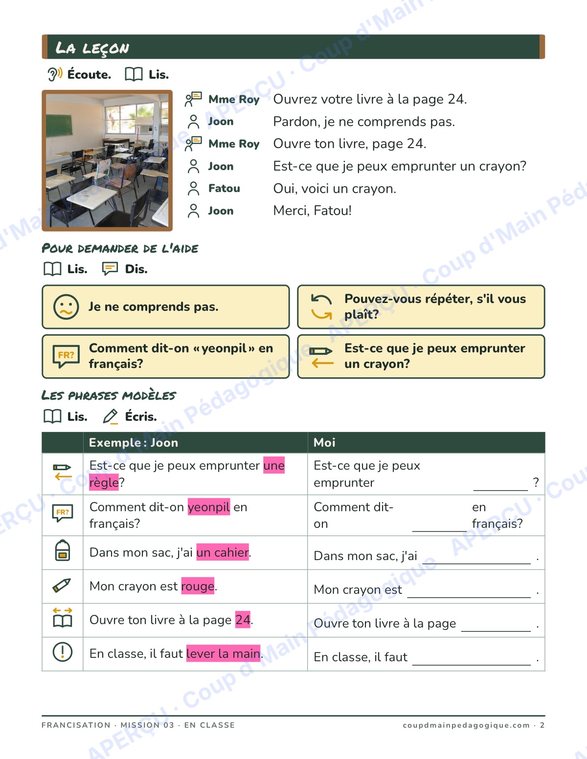 Page 2 — En classe et les achats — 7e-9e année, francisation