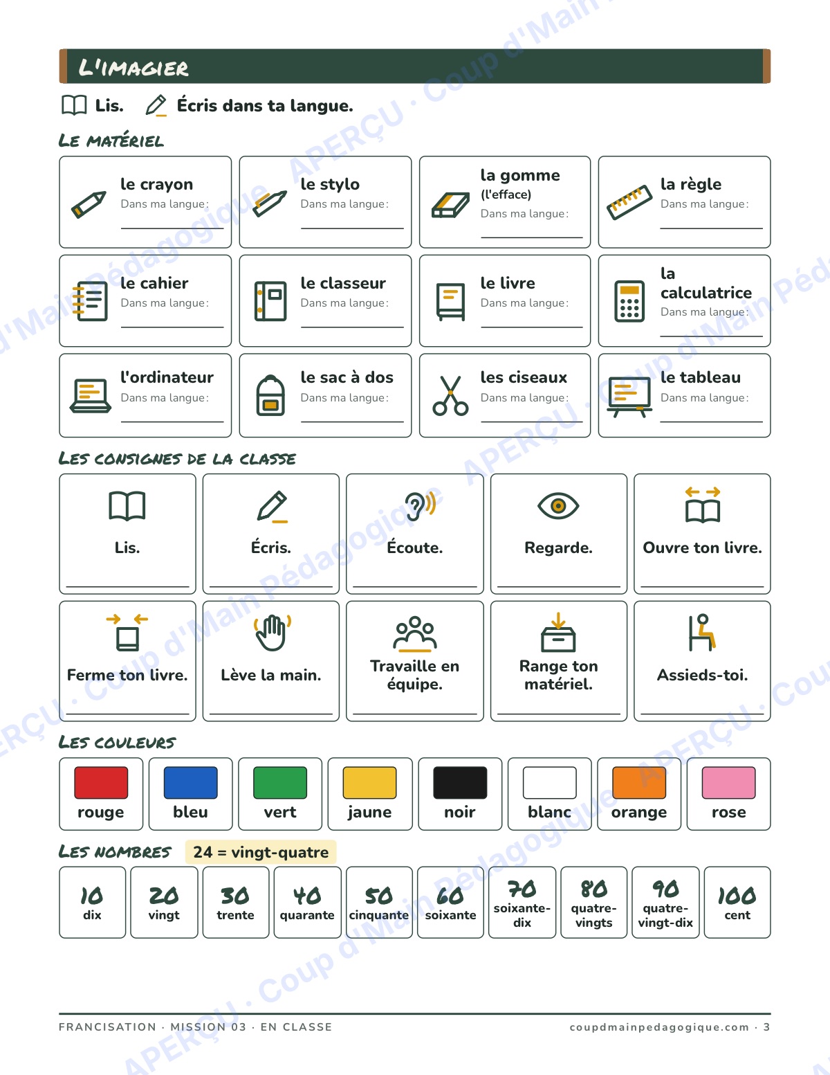 Page 3 — En classe et les achats — 7e-9e année, francisation