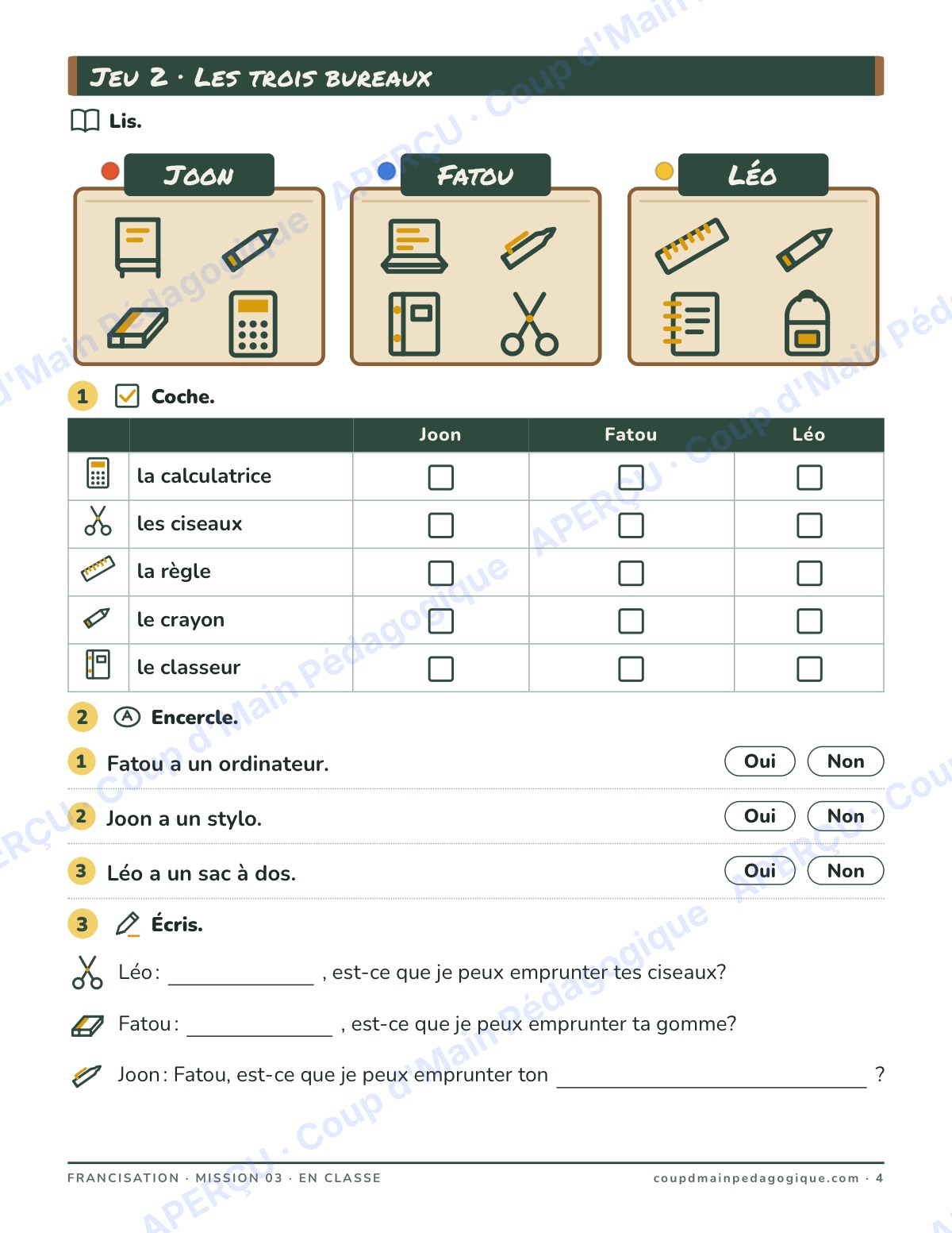 Page 4 — En classe et les achats — 7e-9e année, francisation