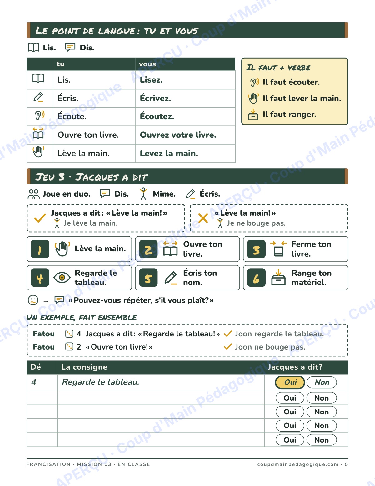Page 5 — En classe et les achats — 7e-9e année, francisation