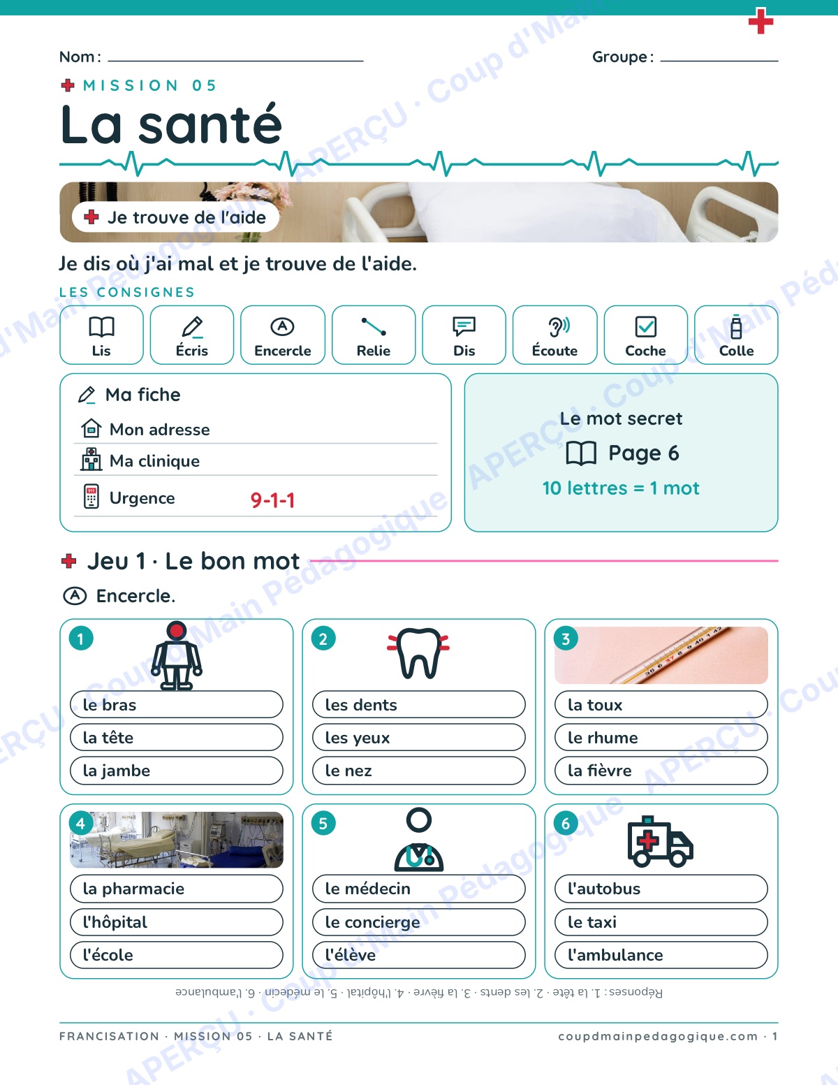 Page 1 — Mission 5 : la santé — 7e-9e, francisation