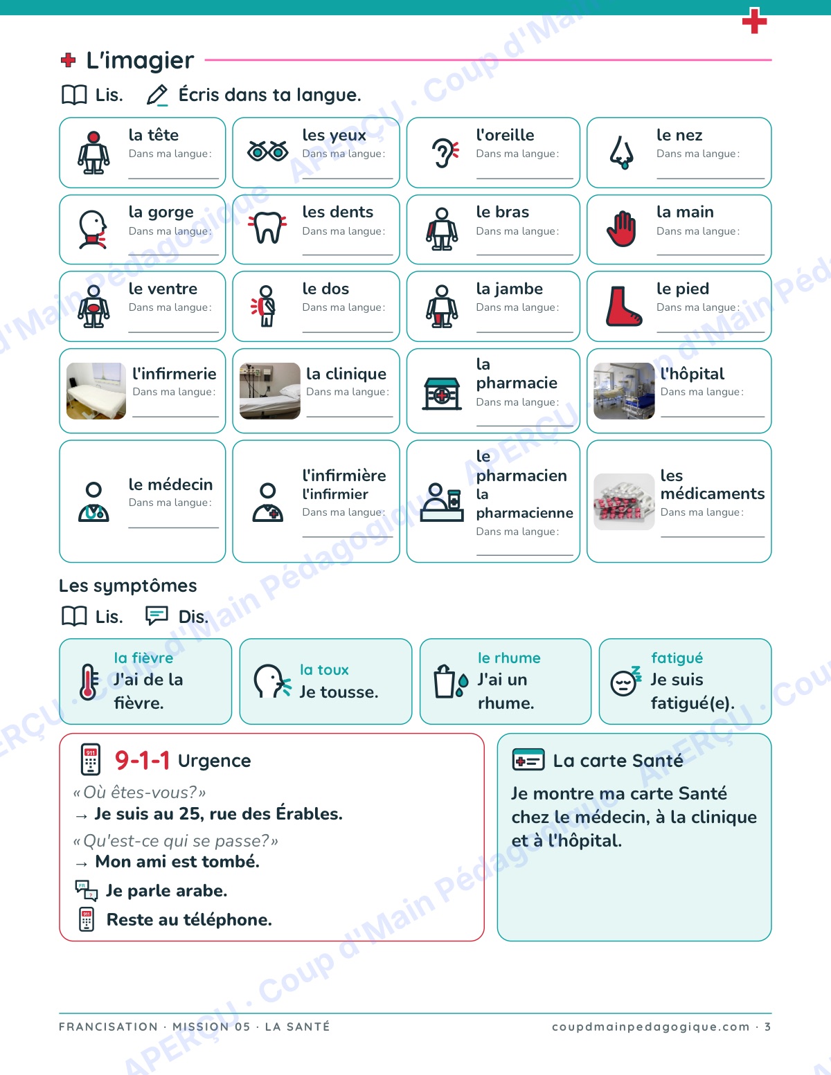 Page 3 — Mission 5 : la santé — 7e-9e, francisation