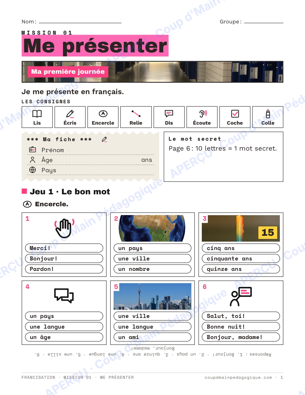 Page 1 — Mission 1 : me présenter — 7e-9e, francisation