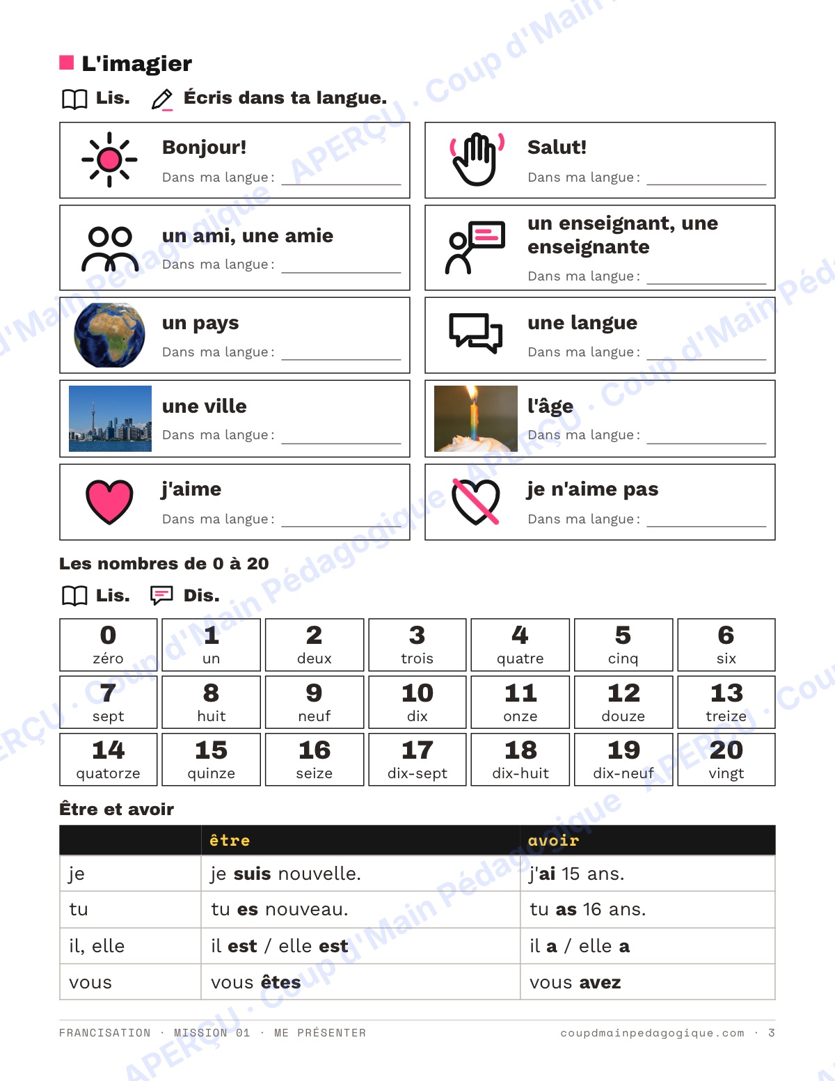 Page 3 — Mission 1 : me présenter — 7e-9e, francisation