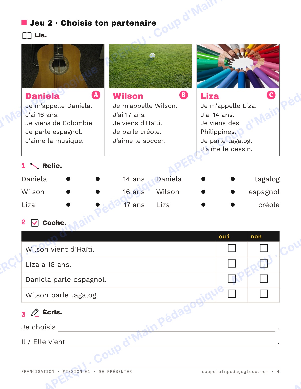 Page 4 — Mission 1 : me présenter — 7e-9e, francisation