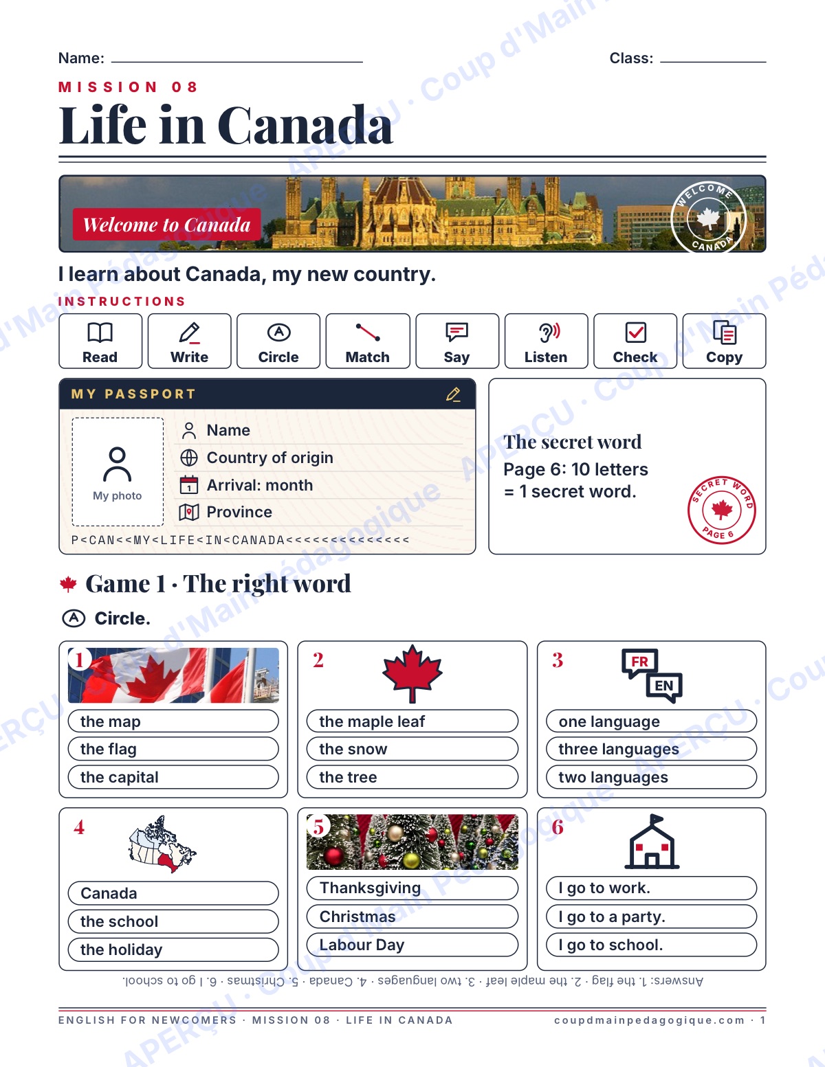 Page 1 — Mission 8 : Life in Canada — 7e-9e, anglais