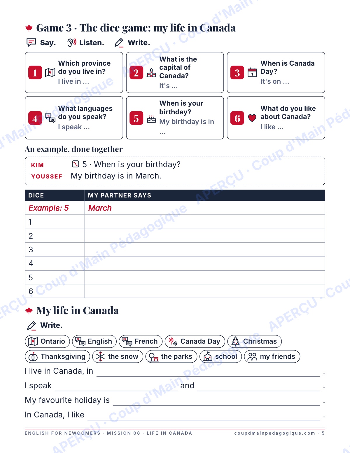Page 5 — Mission 8 : Life in Canada — 7e-9e, anglais