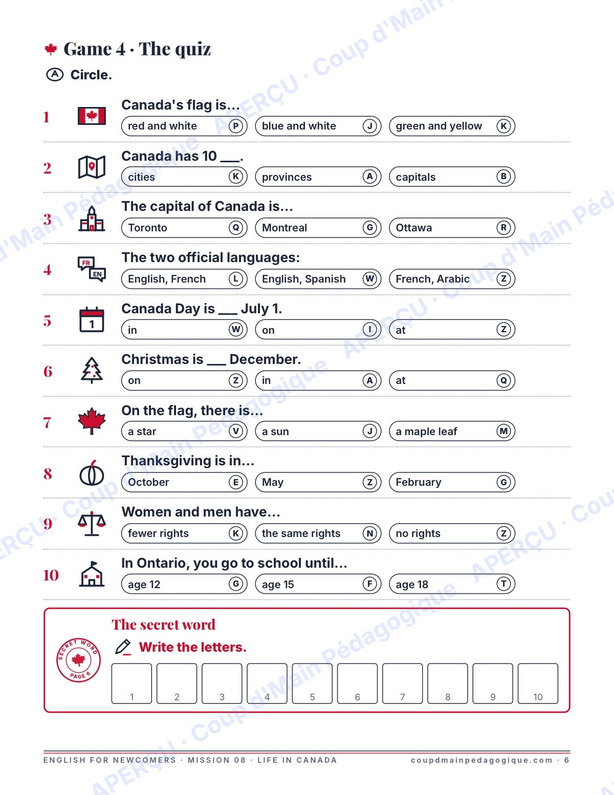 Page 6 — Mission 8 : Life in Canada — 7e-9e, anglais