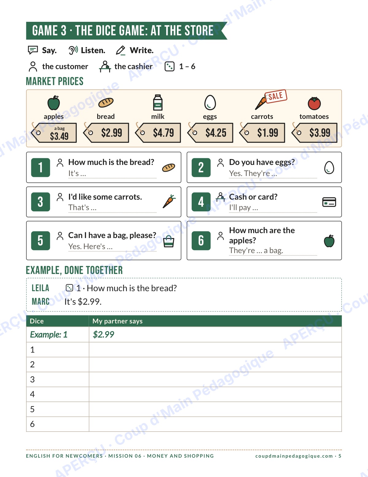 Page 5 — Mission 6 : Money and Shopping — 7e-9e, anglais