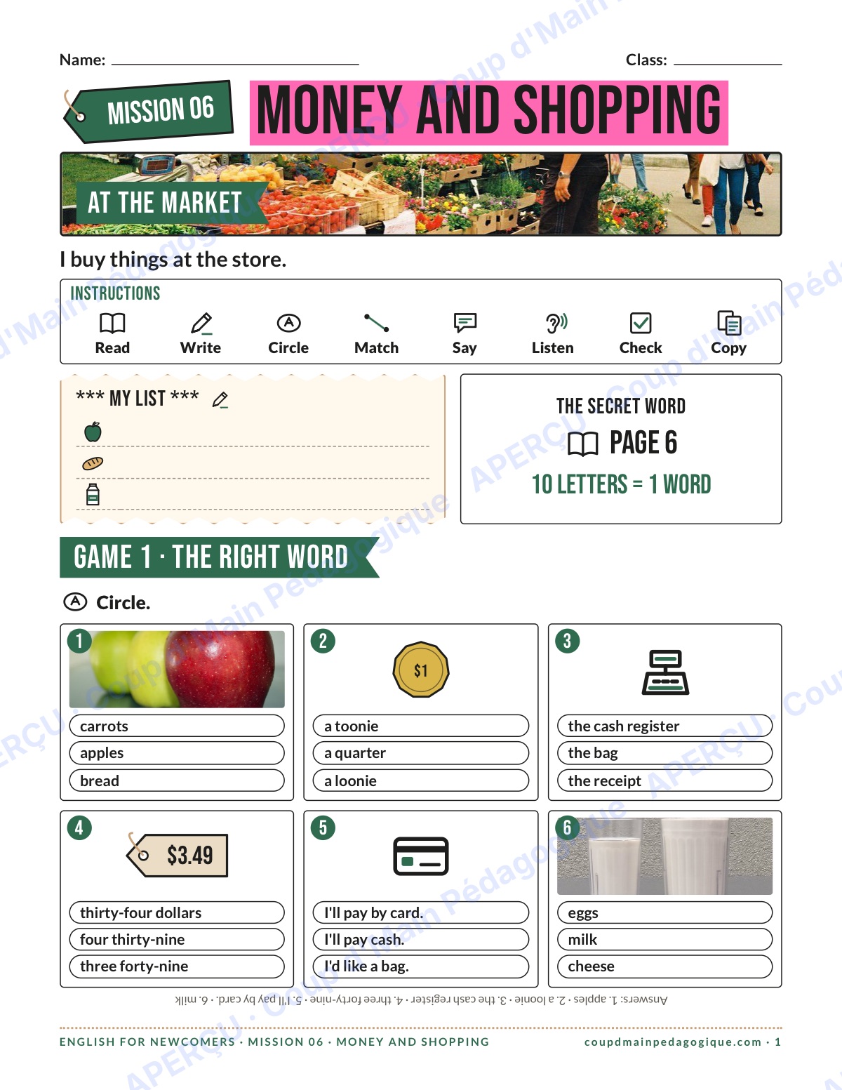 Page 1 — Mission 6 : l'argent et les achats — 7e-9e année, anglais pour nouveaux arrivants