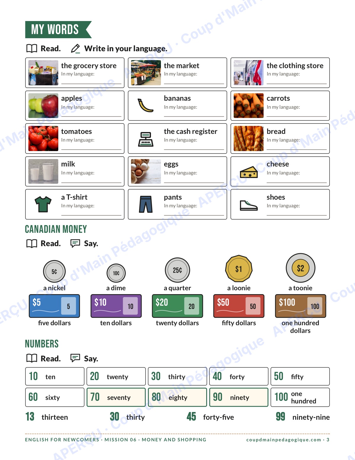 Page 3 — Mission 6 : l'argent et les achats — 7e-9e année, anglais pour nouveaux arrivants