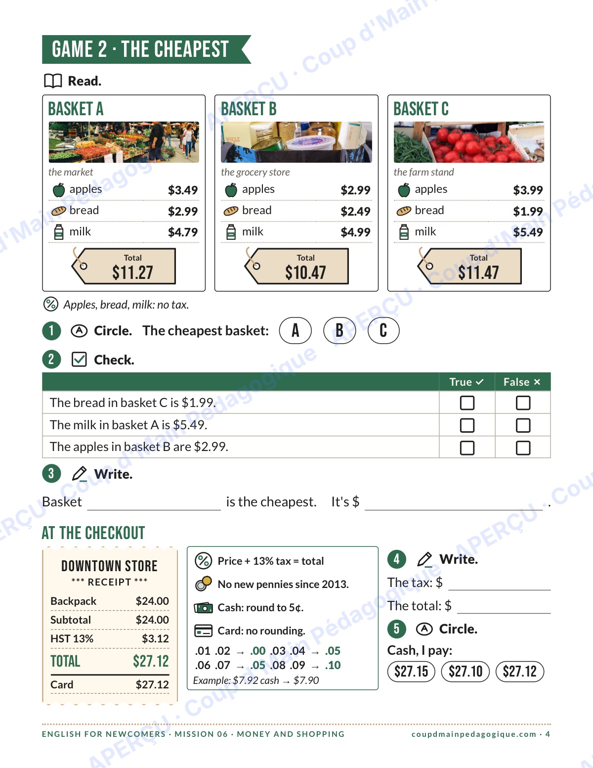 Page 4 — Mission 6 : l'argent et les achats — 7e-9e année, anglais pour nouveaux arrivants