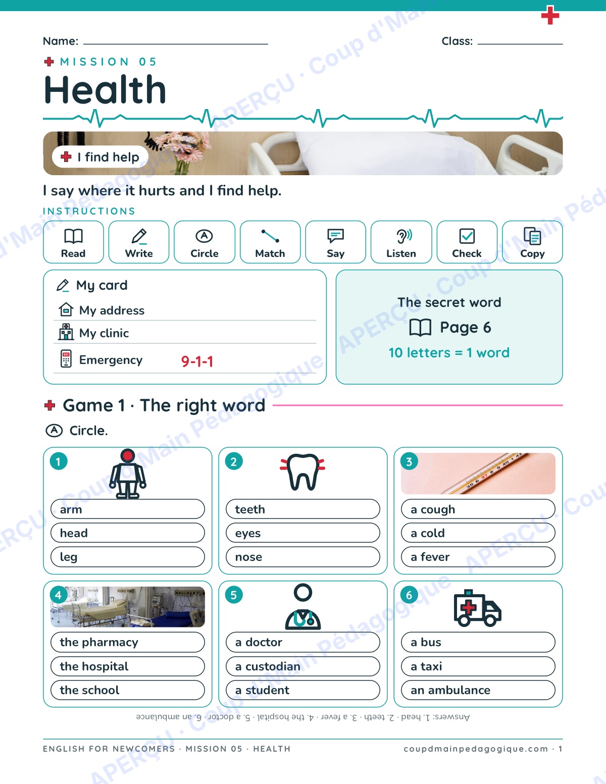 Page 1 — Mission 5 : Health — 7e-9e, anglais