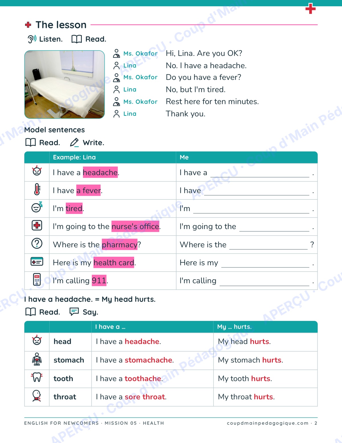 Page 2 — Mission 5 : Health — 7e-9e, anglais