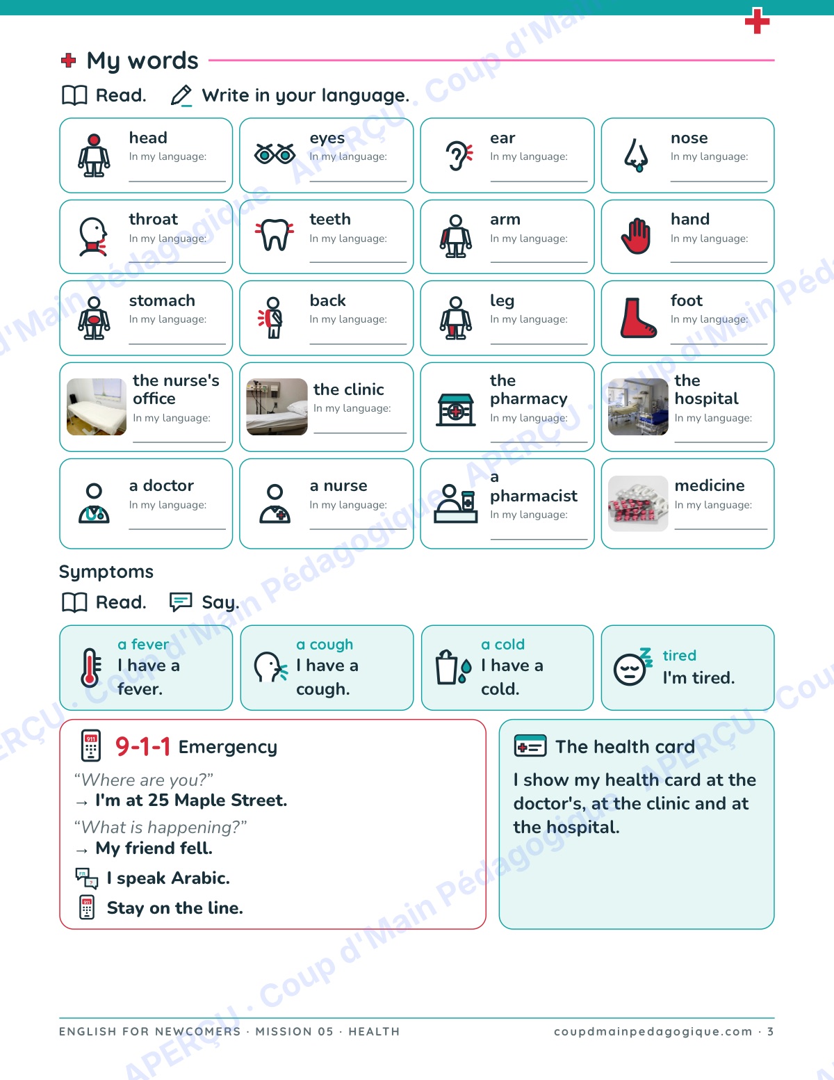 Page 3 — Mission 5 : Health — 7e-9e, anglais