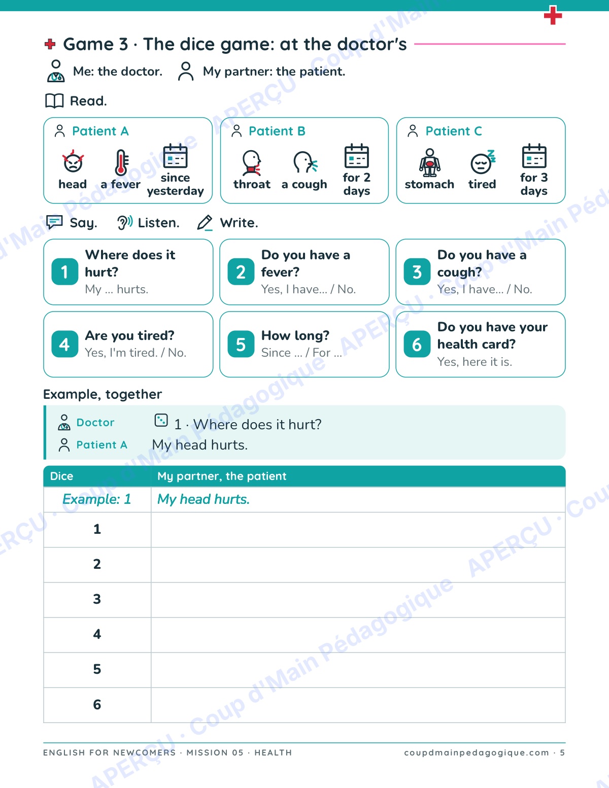 Page 5 — Mission 5 : Health — 7e-9e, anglais