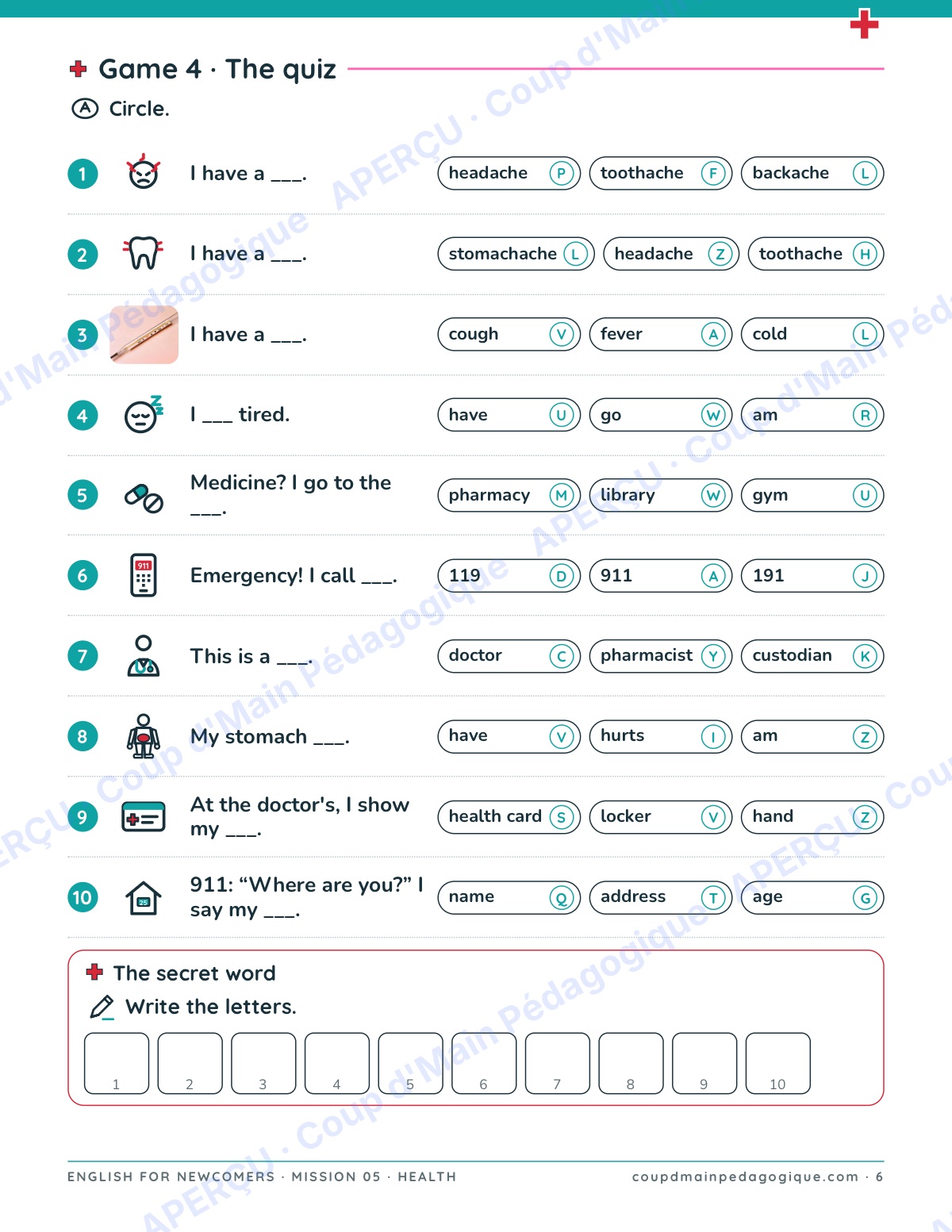 Page 6 — Mission 5 : Health — 7e-9e, anglais