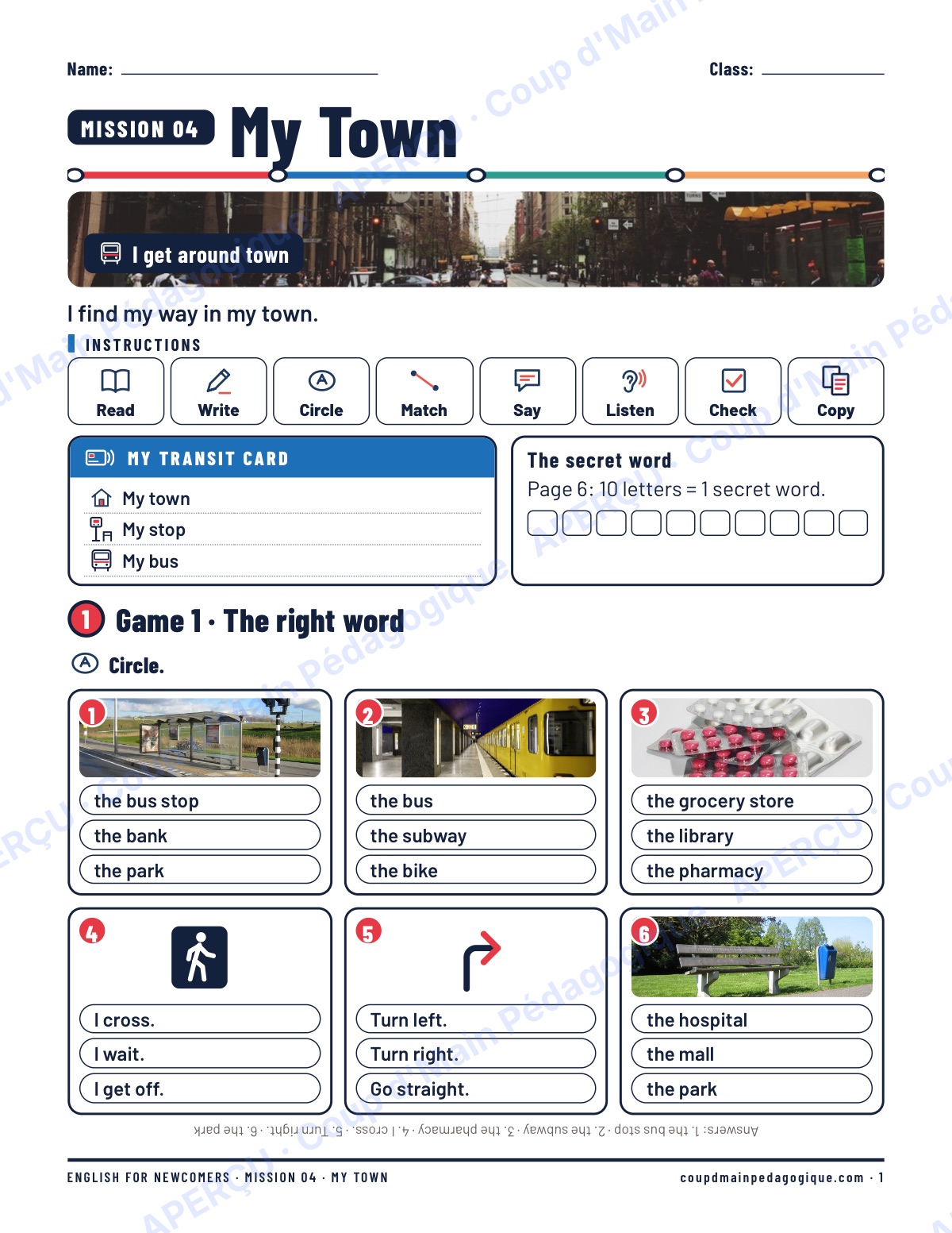 Page 1 — Mission 4 : My Town — 7e-9e, anglais
