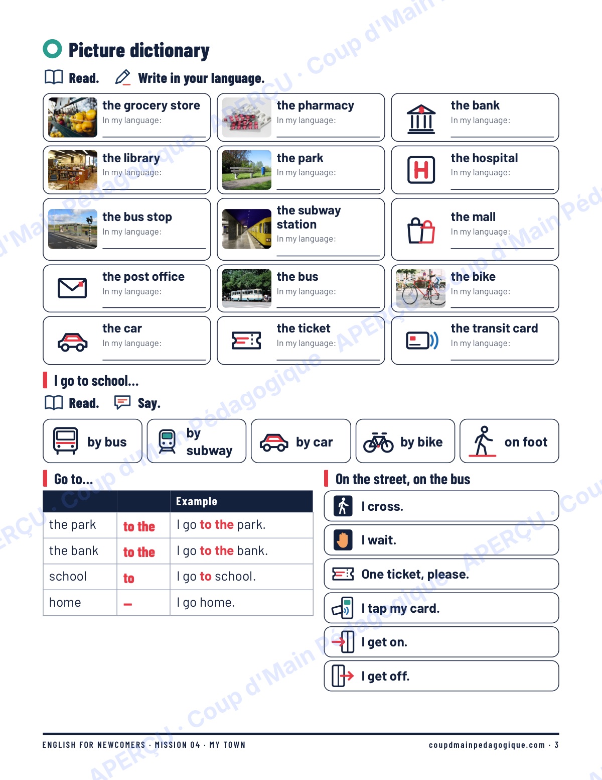 Page 3 — Mission 4 : My Town — 7e-9e, anglais