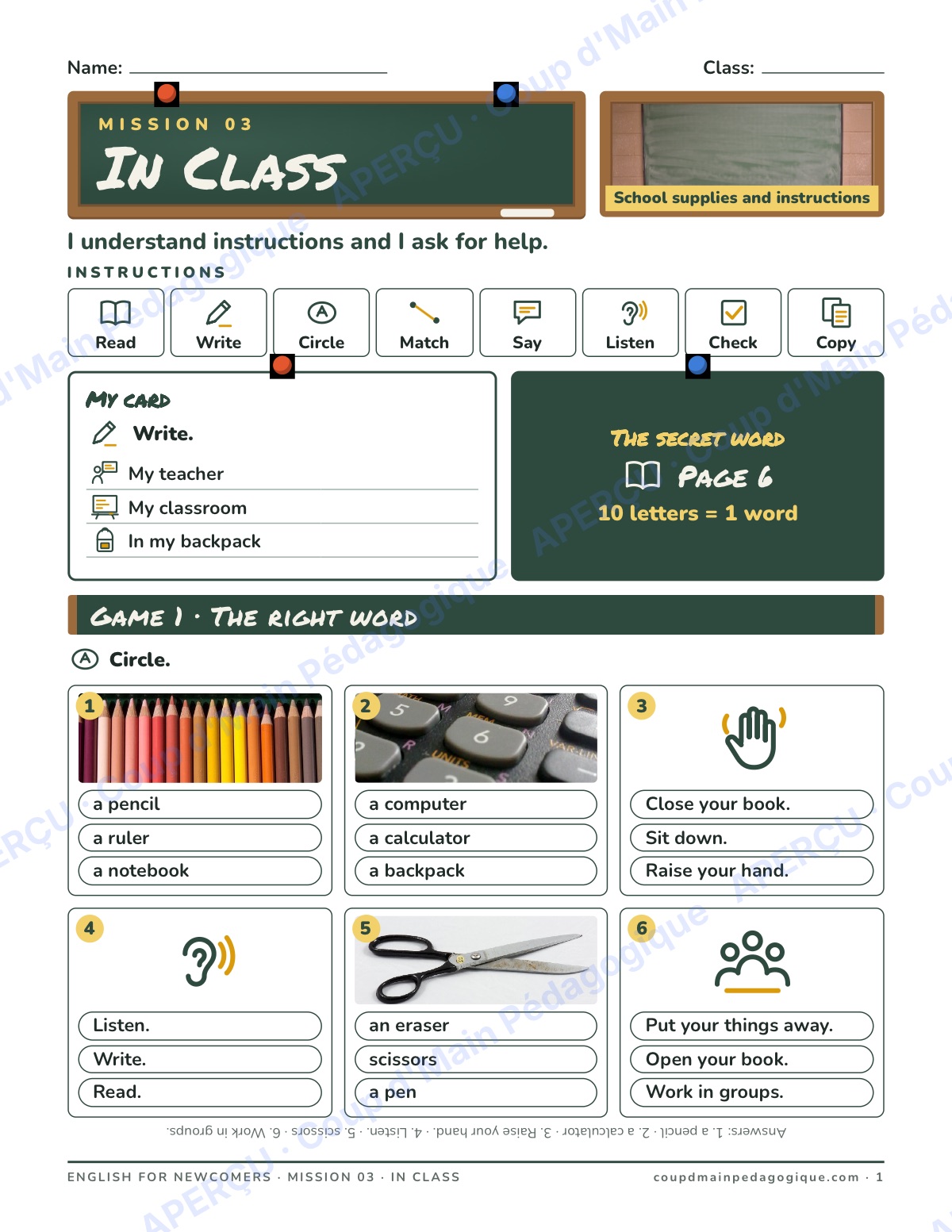 Page 1 — Mission 3 : In Class — 7e-9e, anglais