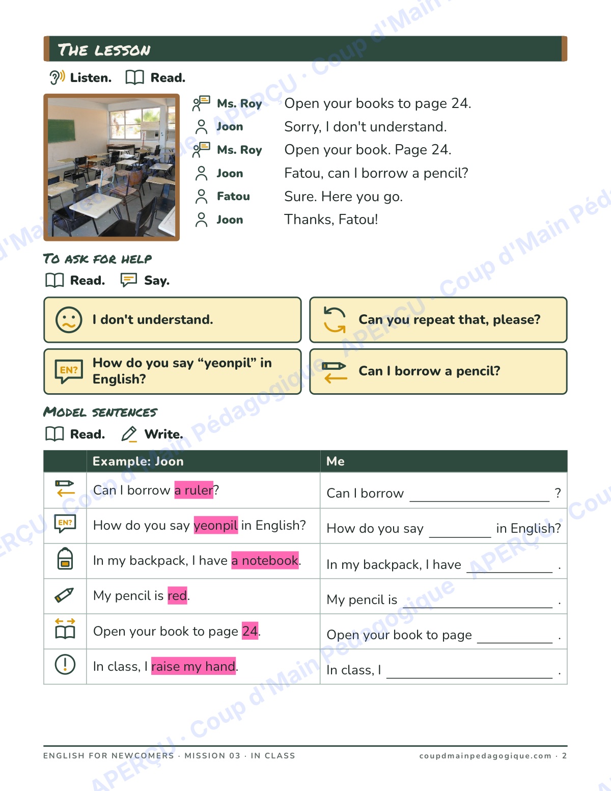 Page 2 — Mission 3 : In Class — 7e-9e, anglais