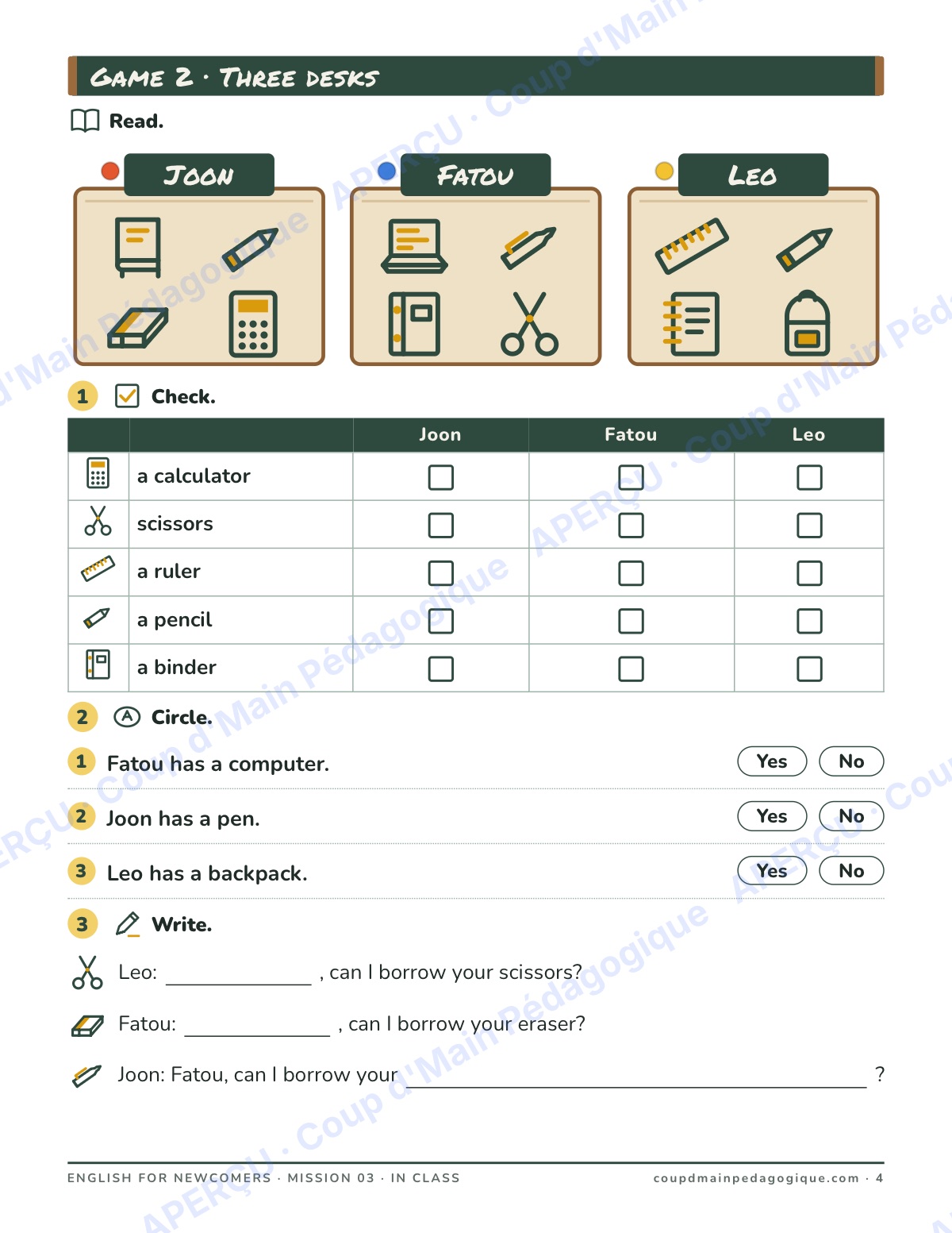 Page 4 — Mission 3 : In Class — 7e-9e, anglais