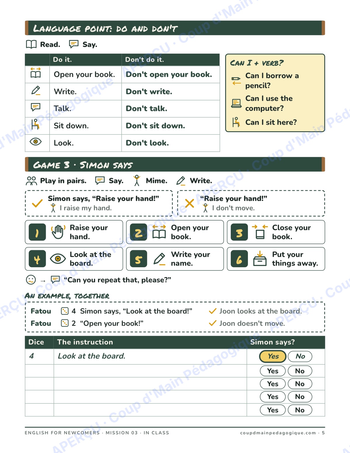 Page 5 — Mission 3 : In Class — 7e-9e, anglais