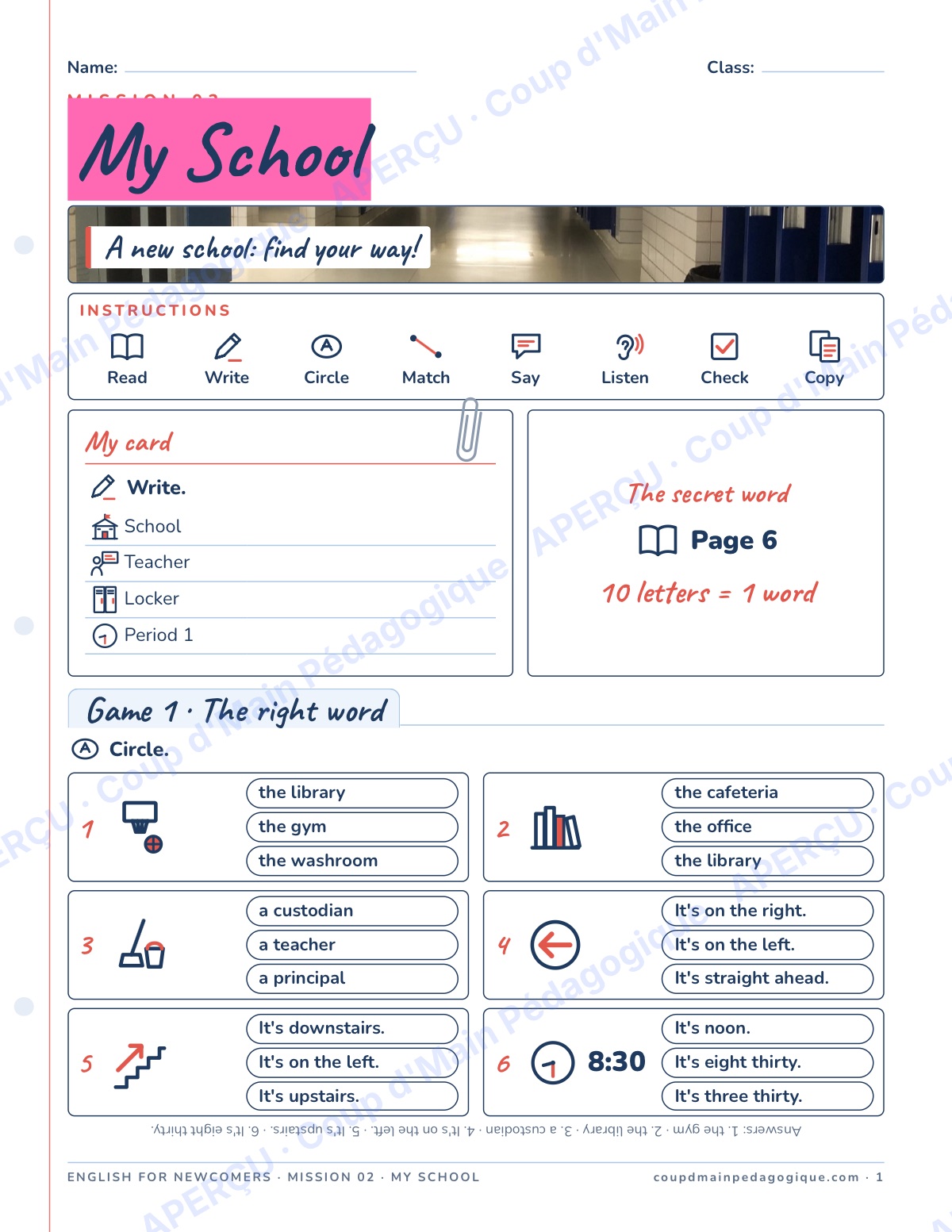 Page 1 — Mission 2 : My School — 7e-9e, anglais