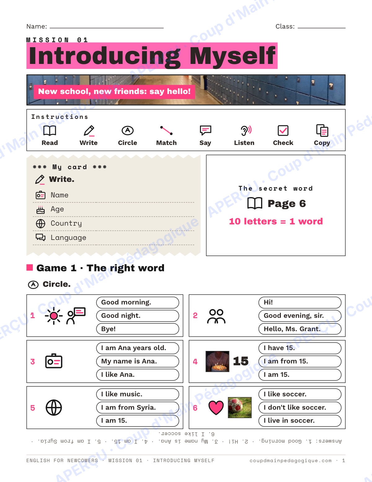 Page 1 — Mission 1 : Introducing Myself — 7e-9e, anglais