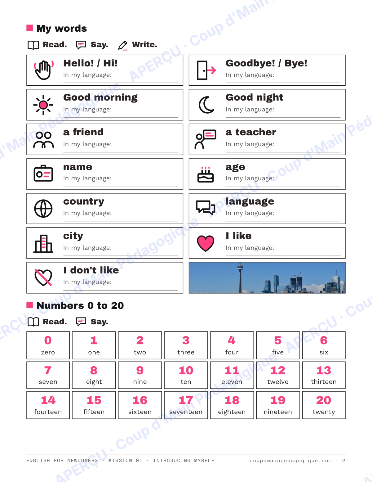Page 2 — Mission 1 : Introducing Myself — 7e-9e, anglais