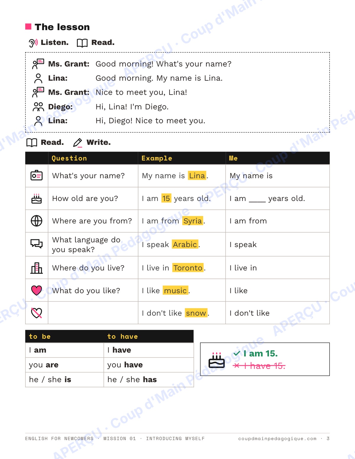 Page 3 — Mission 1 : Introducing Myself — 7e-9e, anglais