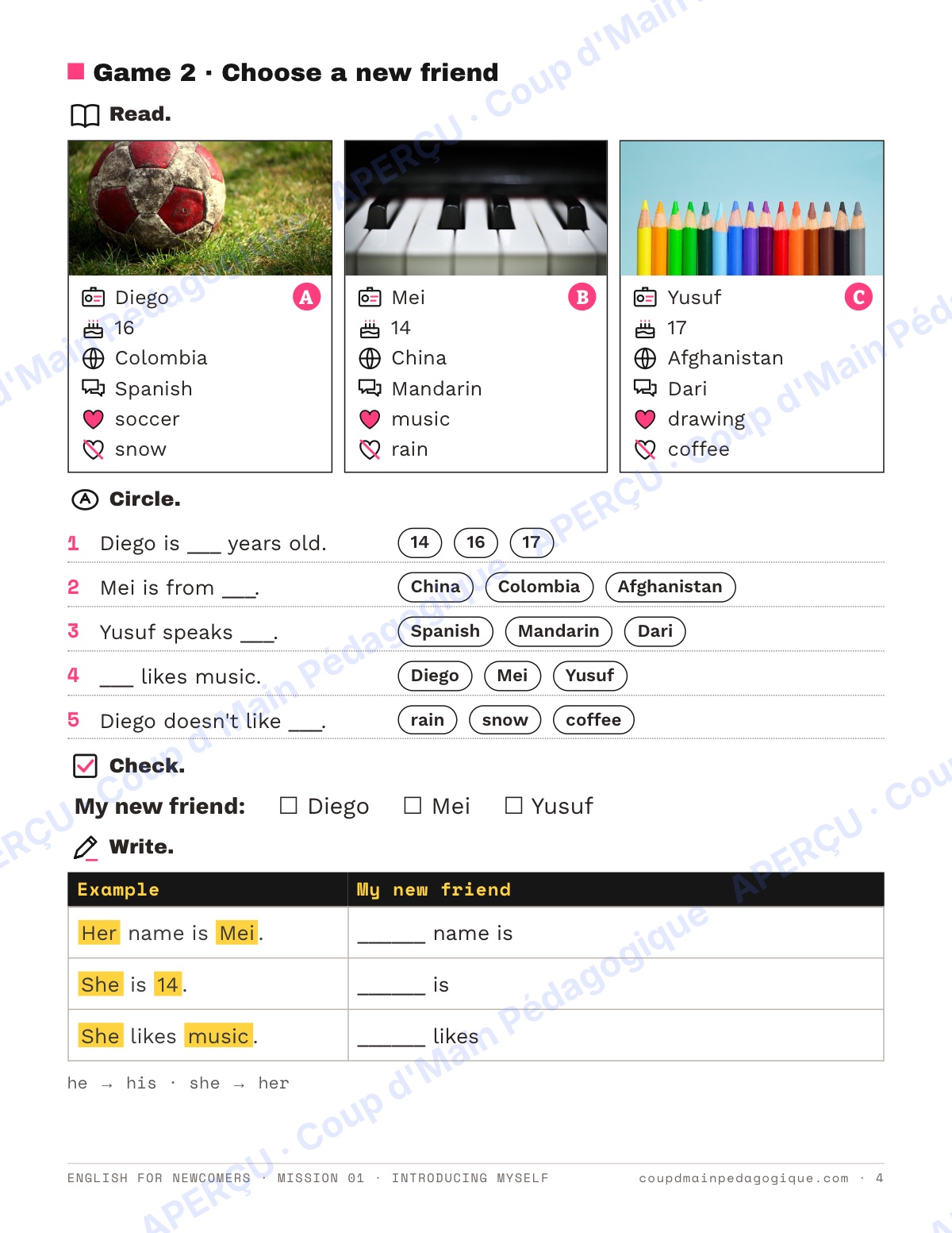 Page 4 — Mission 1 : Introducing Myself — 7e-9e, anglais