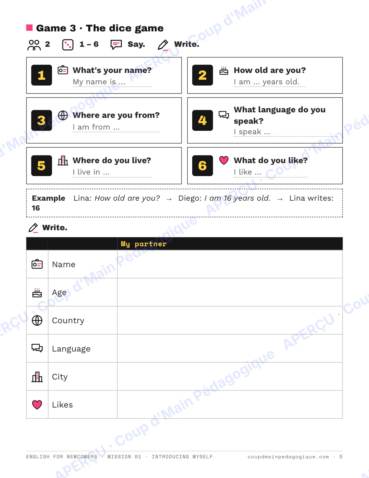 Page 5 — Mission 1 : Introducing Myself — 7e-9e, anglais