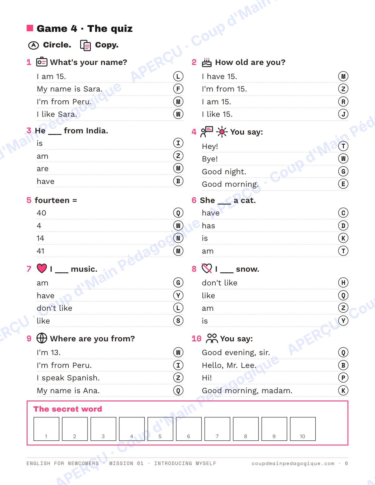 Page 6 — Mission 1 : Introducing Myself — 7e-9e, anglais