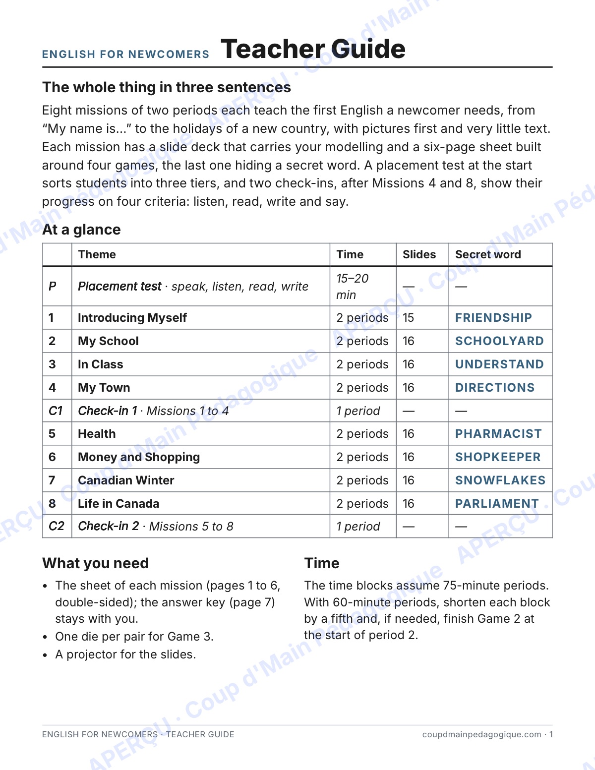 Page 1 — English for Newcomers — 7e-9e, trousse complète