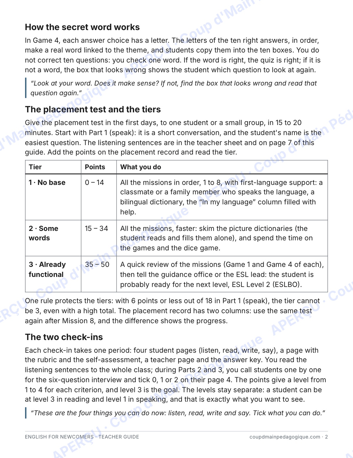 Page 2 — English for Newcomers — 7e-9e, trousse complète