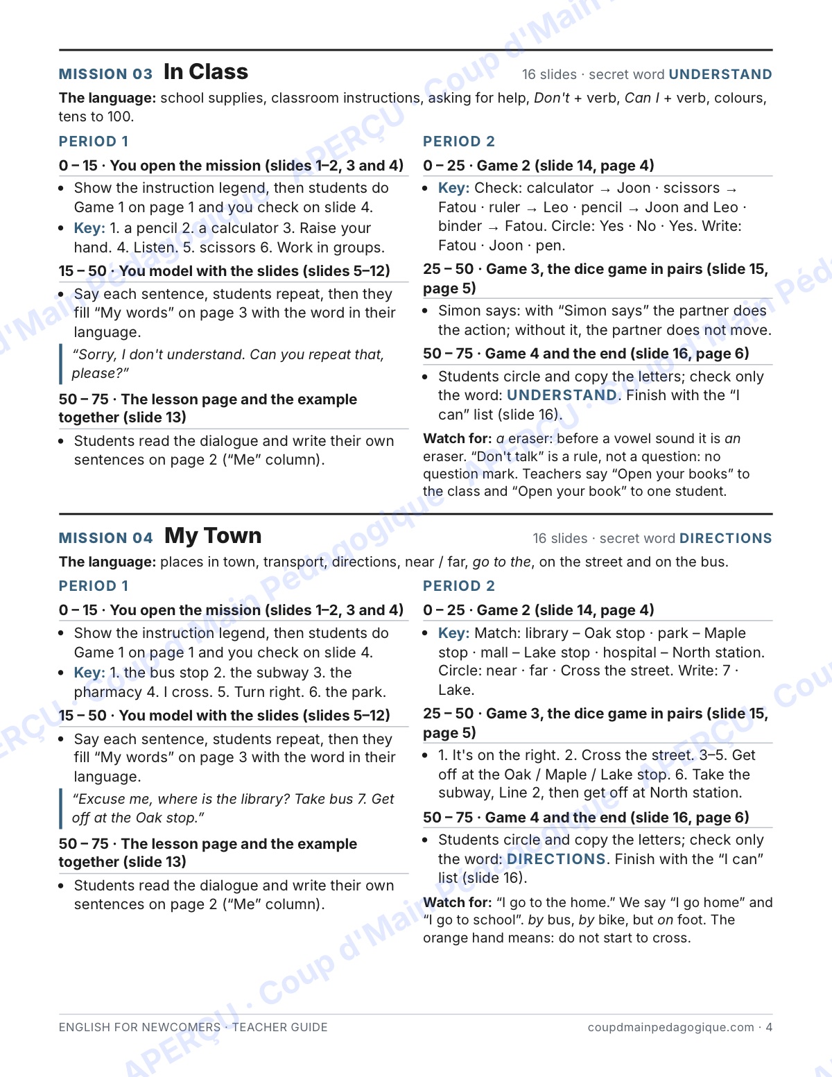 Page 4 — English for Newcomers — 7e-9e, trousse complète