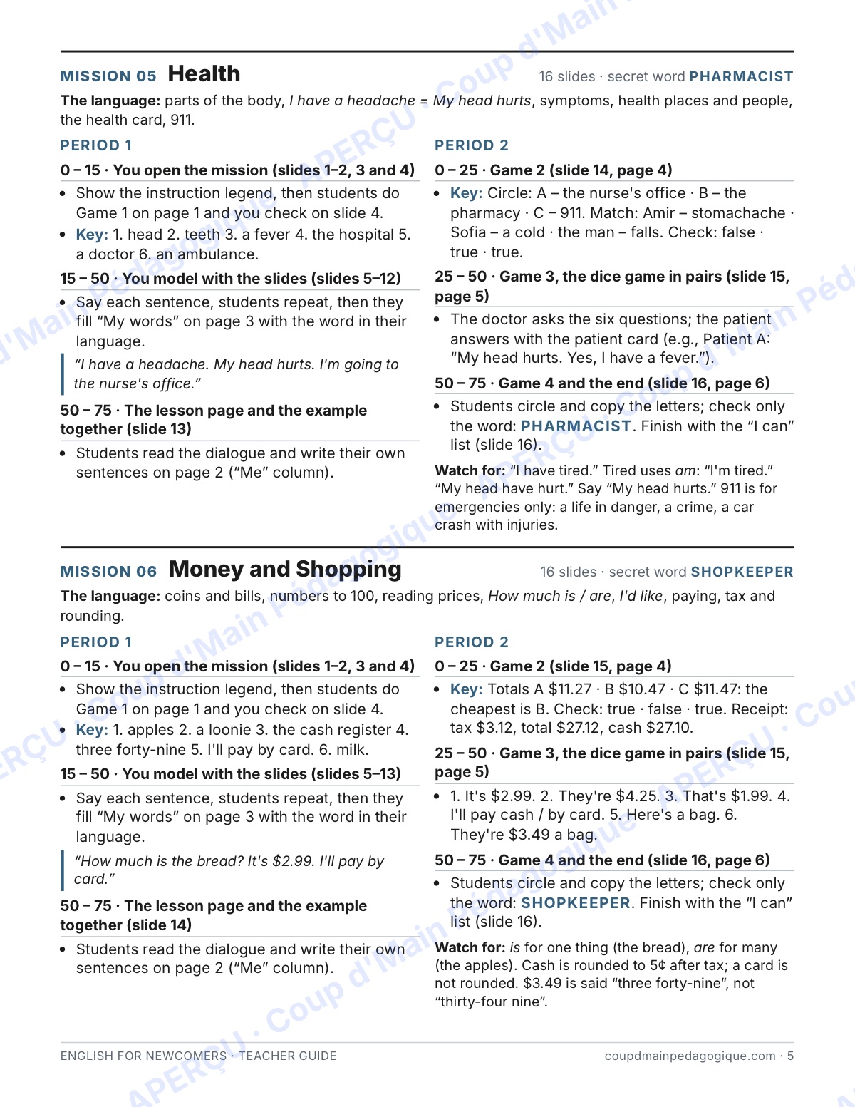 Page 5 — English for Newcomers — 7e-9e, trousse complète