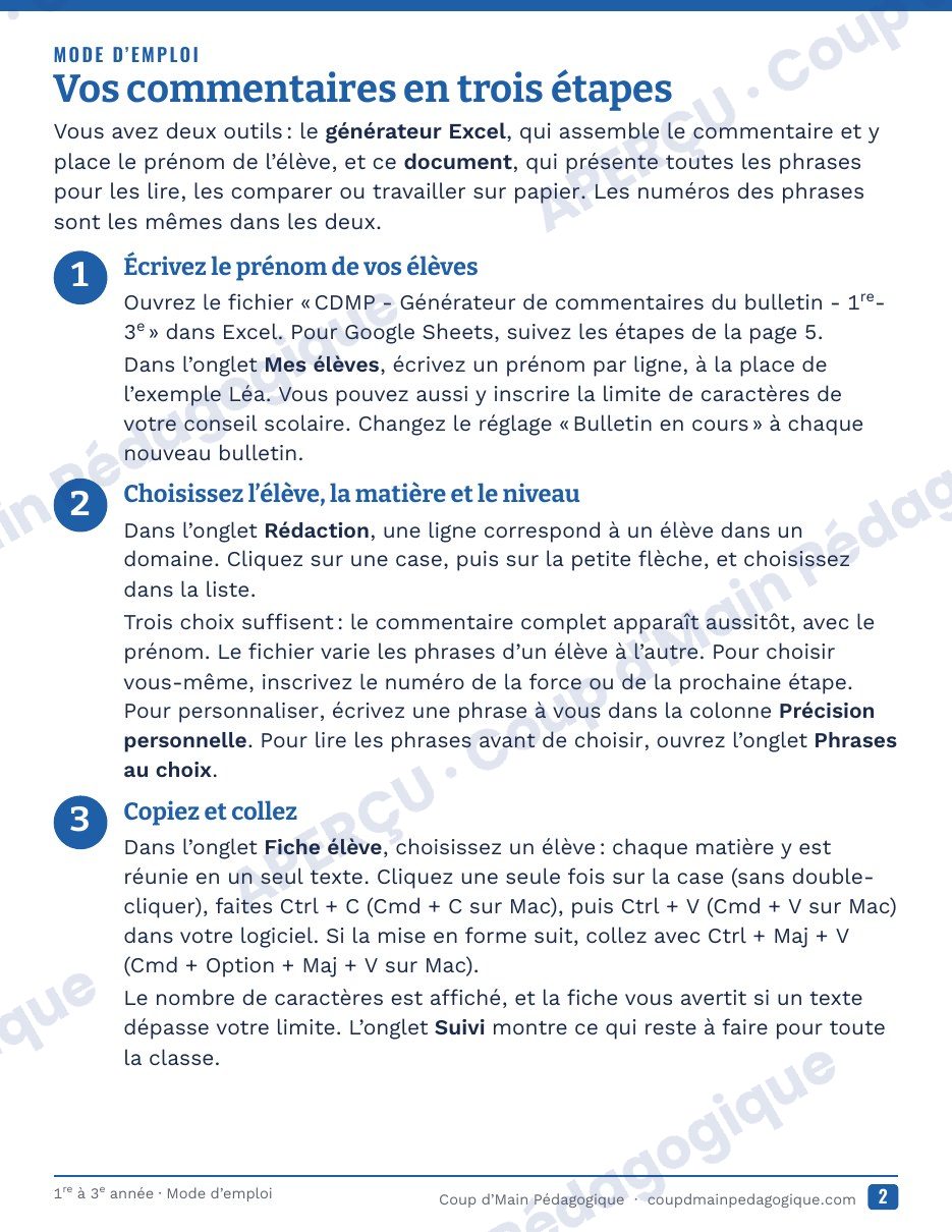 Page 2 — Générateur de commentaires du bulletin — 1re-3e année, Ontario