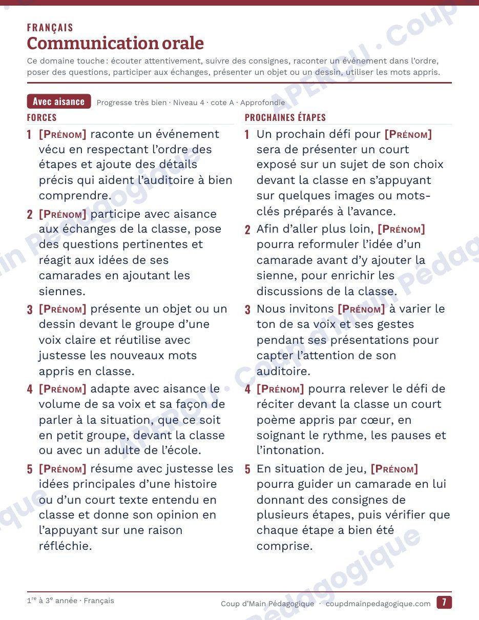 Page 8 — Générateur de commentaires du bulletin — 1re-3e année, Ontario