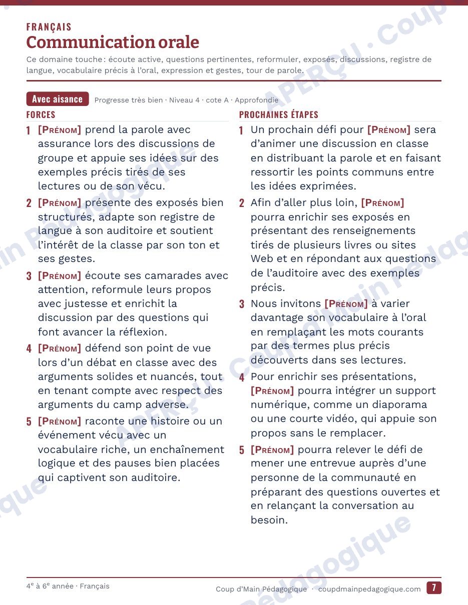 Page 8 — Générateur de commentaires du bulletin — 4e-6e année, Ontario
