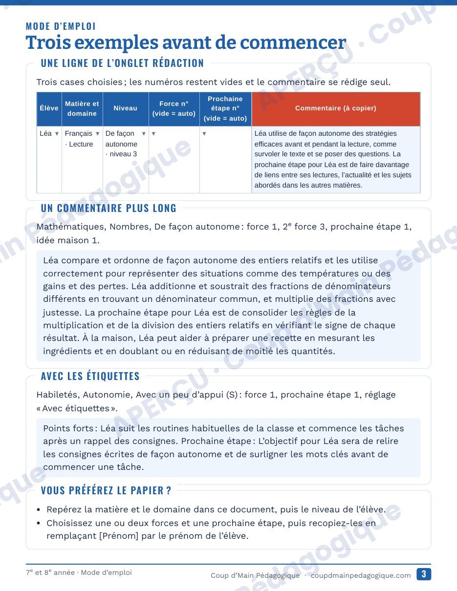 Page 4 — Générateur de commentaires du bulletin — 7e-8e année, Ontario