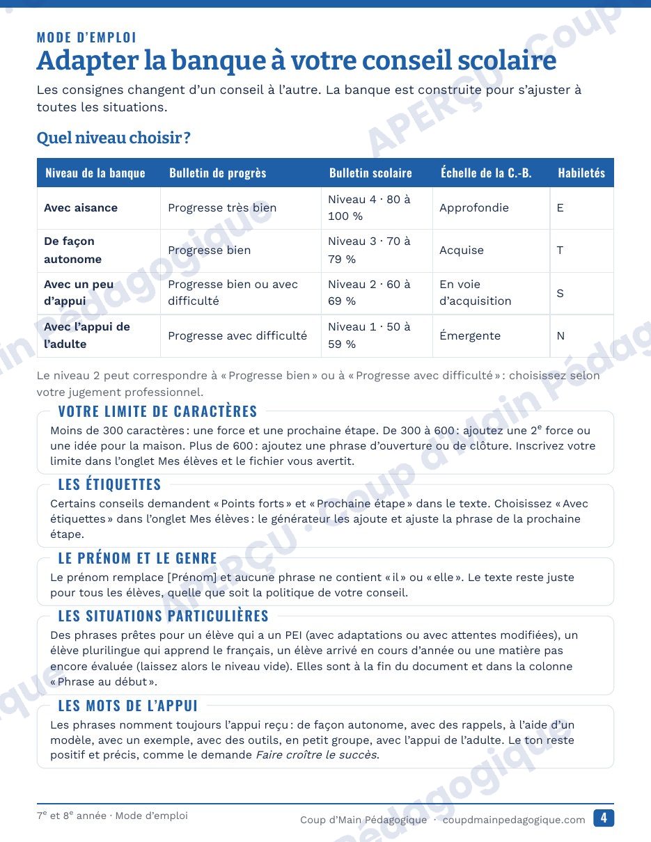 Page 5 — Générateur de commentaires du bulletin — 7e-8e année, Ontario